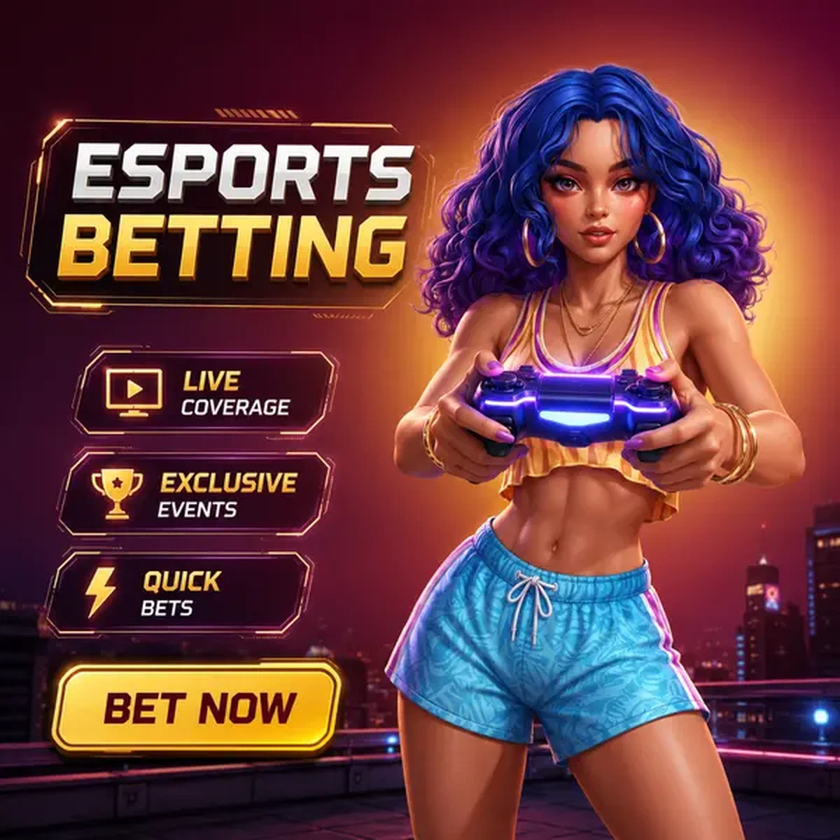 Athletische Frau, die selbstbewusst mit leuchtendem Controller in der Coolzino Esport-Wetten-Arena spielt