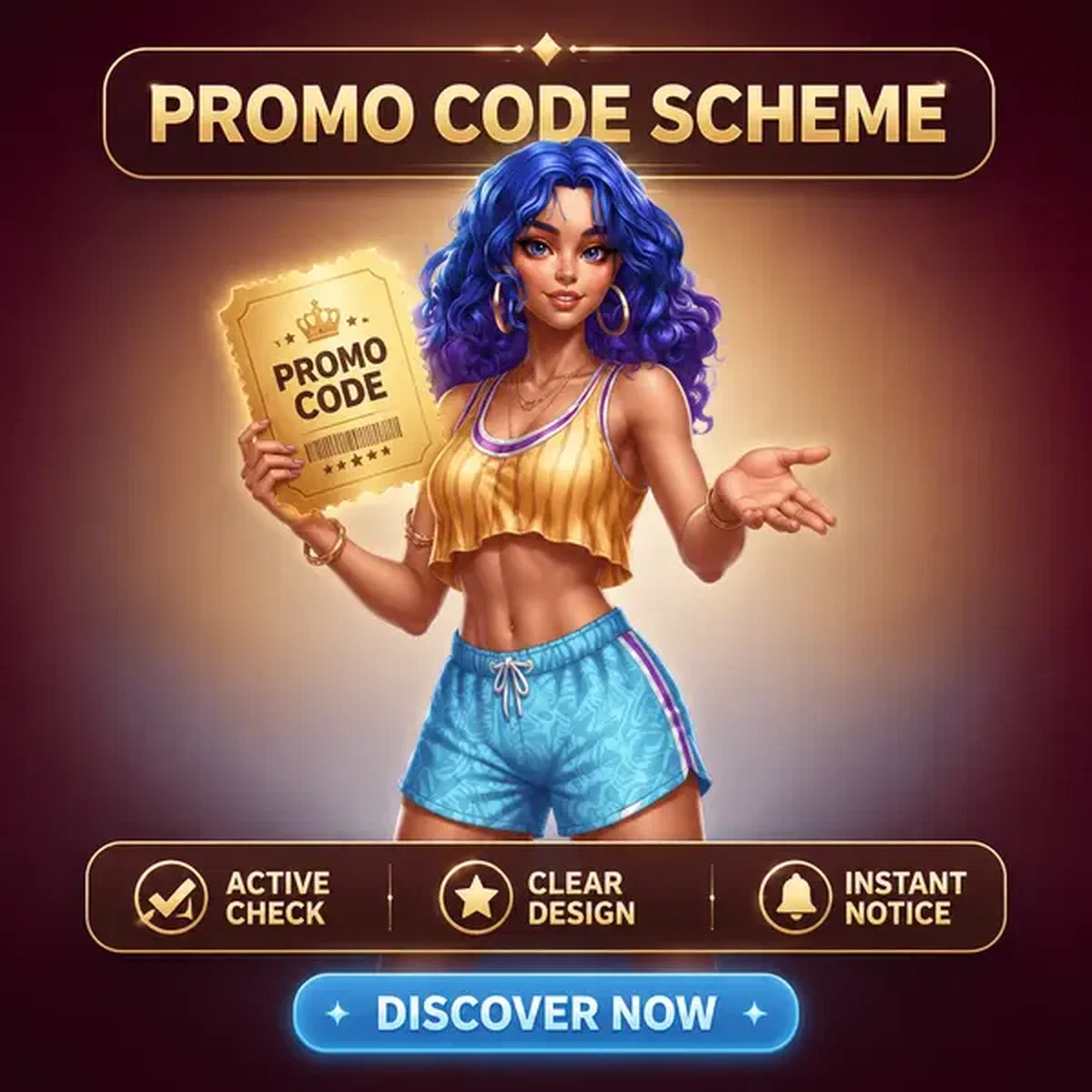 Sportliche Frau mit blauen Haaren hält goldenen Promo-Code-Gutschein am Coolzino Gaming-Portal