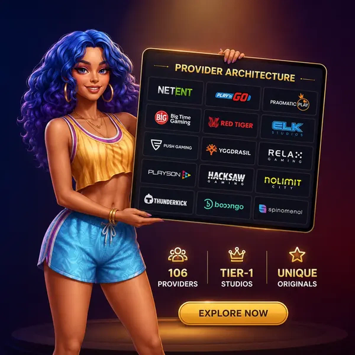 Athletische Frau präsentiert Spielautomaten von 106 Anbietern am Provider Architecture Display