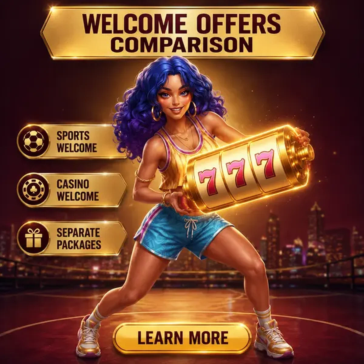 Sportliche Frau hält leuchtende Slot-Walze, die den Vergleich zwischen Sportwetten- und Casino-Willkommensangeboten zeigt