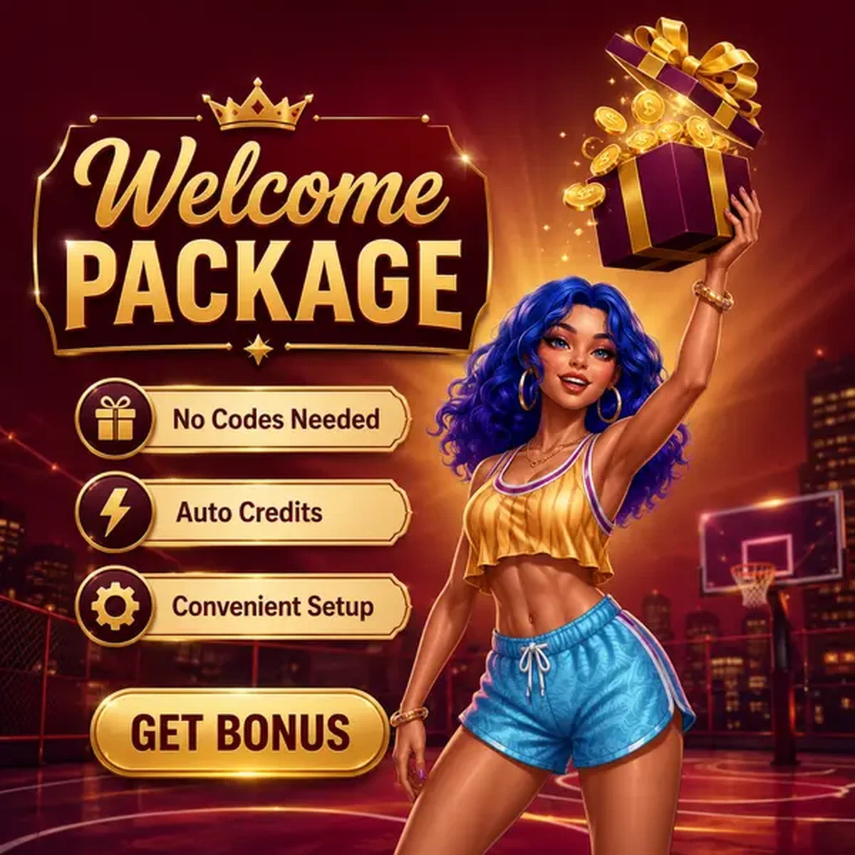 Sportliche Frau hält Geschenkbox am Welcome Package Structure Anmeldeportal