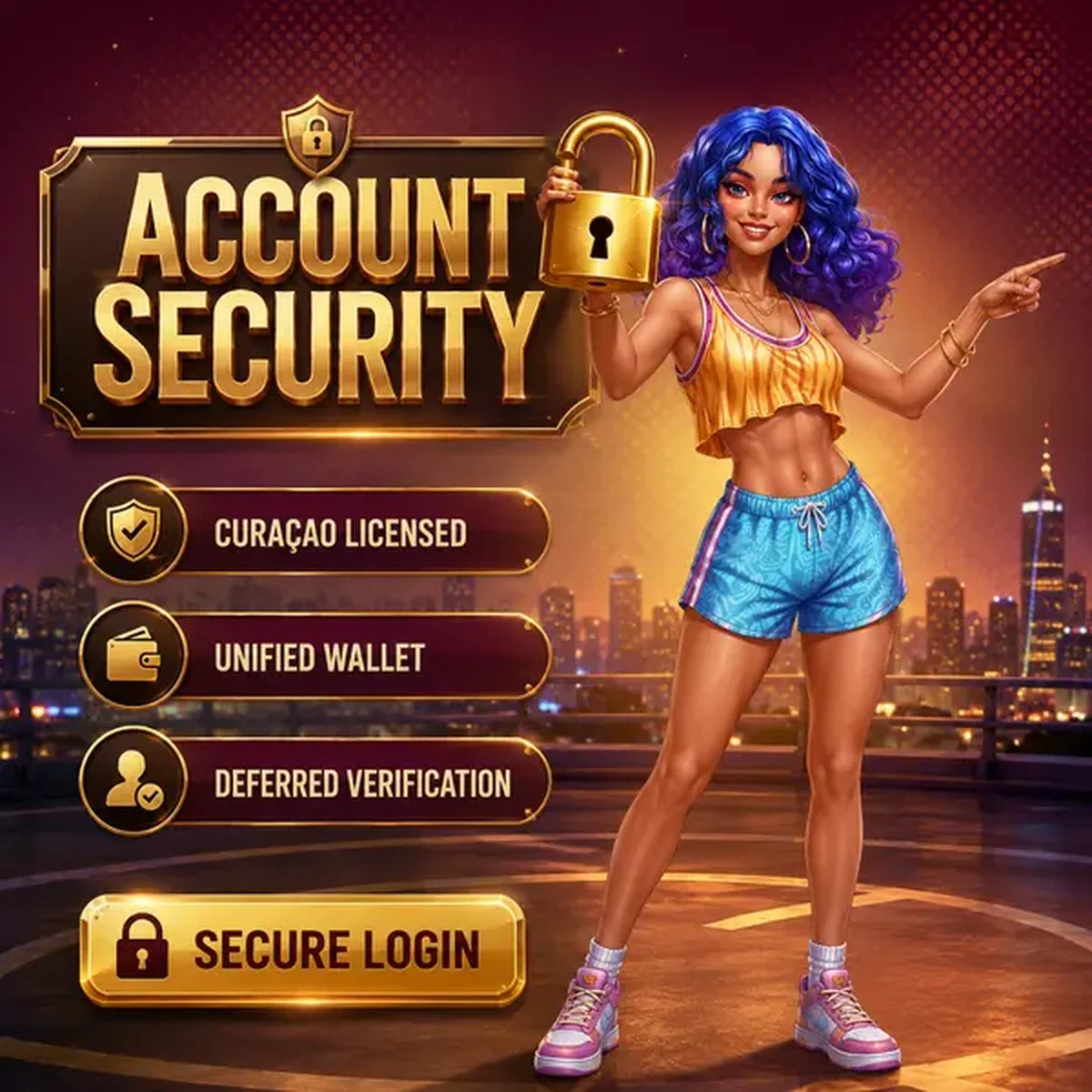 Spieler meldet sich bei Curaçao License and Account Security mit goldenem Sicherheitsschloss an