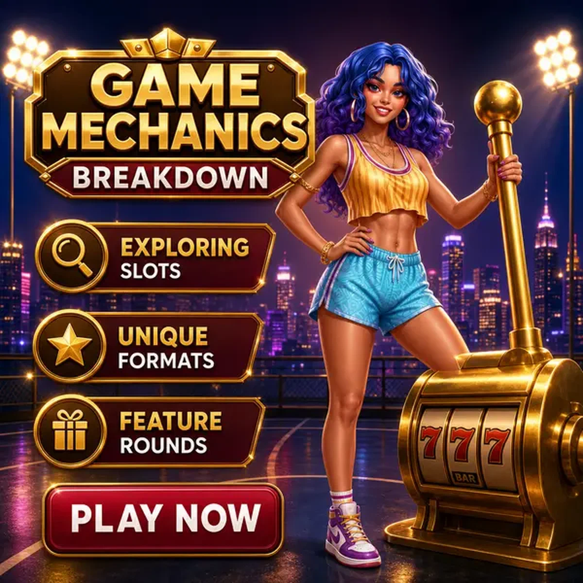 Athletische Frau hält selbstbewusst goldenen Spielautomaten-Hebel am Game Mechanics Breakdown Dach unter lebendigen Lichtern